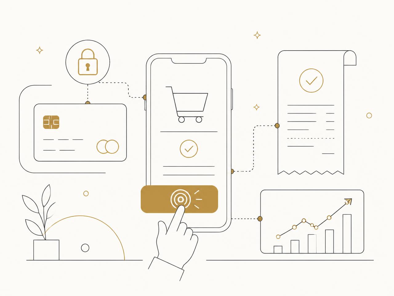 Illustration of a secure one-tap checkout with card, receipt and conversion chart