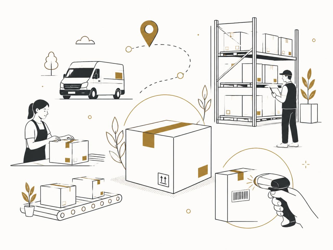 Illustration of warehouse fulfilment with parcels, barcode scanning and delivery van