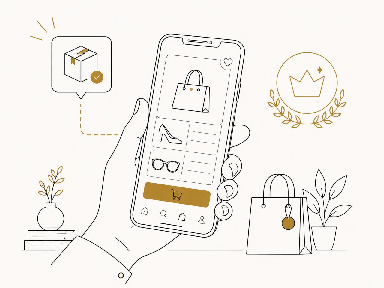 Illustration of a mobile commerce app showing product listing and add to cart