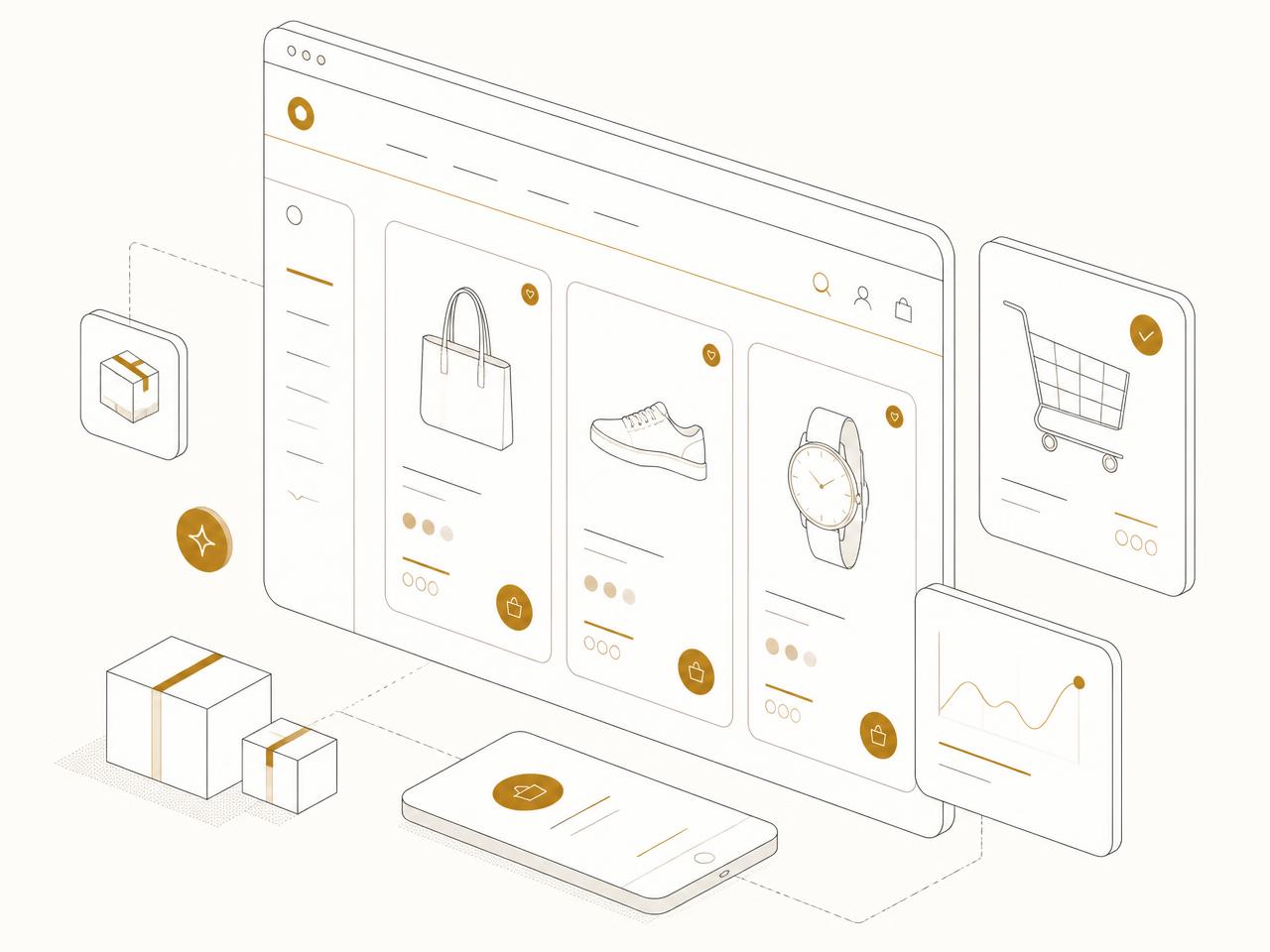 Illustration of an ecommerce storefront with product cards, cart, and analytics panels